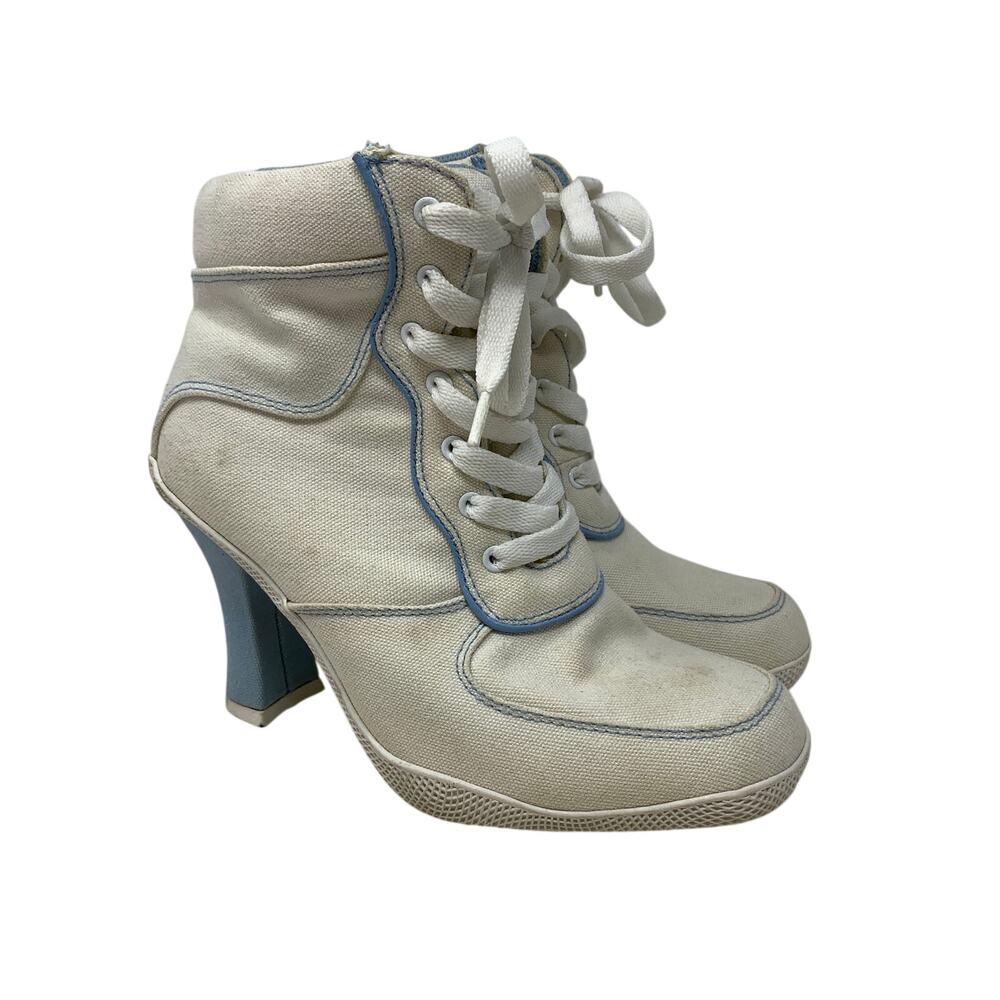 VTG Y2K SPLASH Boots Womens 6.5 Off-White Light Blue Woven Lace-Up Flared Heel